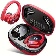 New Wireless Earbuds For Running Sports, Wireless Earphones With Earhooks Pure Bass Sound, 60H Over Ear Headphones With Dual-LED Display, IPX7 Waterproof Earphones Built-in Microphone, Noise Cancelling Headset (Red)