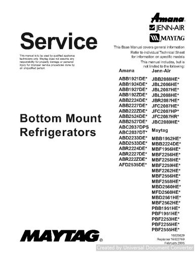 Amana ABB2527DE Bottom Mount Refrigerator Service Manual