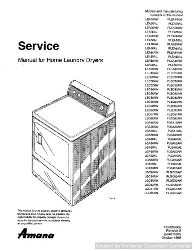 Amana LEC20AW Home Laundry Dryer Service Manual