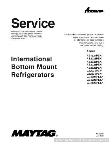 Amana AB2225PEK International Bottom Mount Refrigerator Service Manual