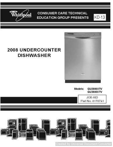 Whirlpool GU3600XTV 2008 UNDERCOUNTER DISHWASHER Service Manual