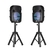 QFX Twin Wireless Bluetooth Speakers, 8-Inch Tall, Includes 2 Stands and 2 Microphones, Black