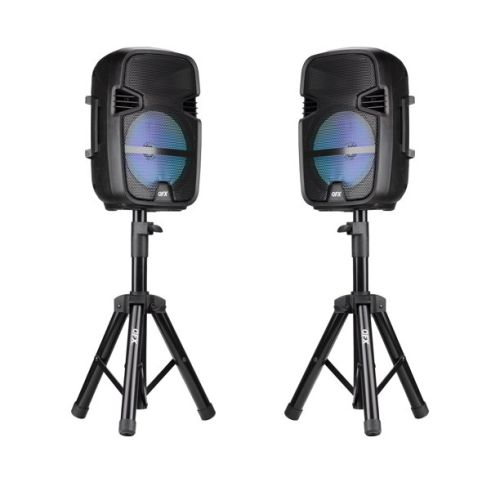 QFX Twin Wireless Bluetooth Speakers, 8-Inch Tall, Includes 2 Stands and 2 Microphones, Black